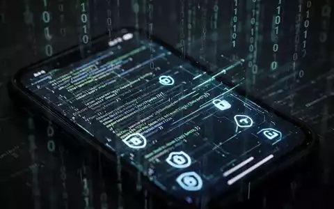 Ein Smartphone-Bildschirm zeigt abstrakte, leuchtende Codezeilen und Sicherheitssymbole, mit einem unscharfen Hintergrund aus Binärdatenströmen. - Foto: über boerse-global.de