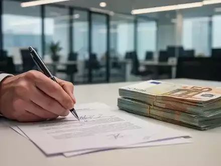 Eine Hand unterschreibt ein Dokument mit einem Stift, Euro-Banknoten auf einem Tisch, im Hintergrund ein modernes Büro. - Foto: über boerse-global.de