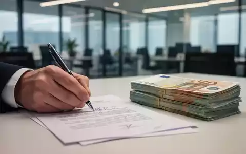 Eine Hand unterschreibt ein Dokument mit einem Stift, Euro-Banknoten auf einem Tisch, im Hintergrund ein modernes Büro. - Foto: über boerse-global.de