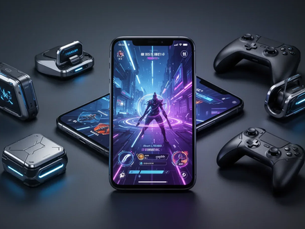 Ein Smartphone zeigt ein Gaming-Interface, umgeben von fünf neuen Gaming-Zubehörkategorien in einem modernen Studio. - Foto: über boerse-global.de