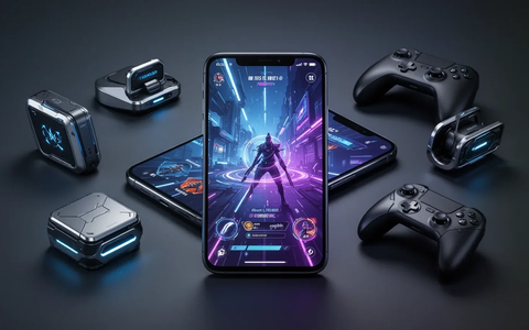 Ein Smartphone zeigt ein Gaming-Interface, umgeben von fünf neuen Gaming-Zubehörkategorien in einem modernen Studio. - Foto: über boerse-global.de