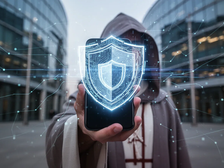 A pilgrim holds a smartphone displaying a glowing digital shield, symbolizing cybersecurity protection amidst a blurred modern background. - Foto: über boerse-global.de