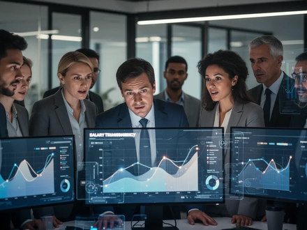 Professionelle Darstellung von Mitarbeitern in einem modernen Büro, die Bildschirme mit Daten zur Lohntransparenz betrachten. - Foto: über boerse-global.de