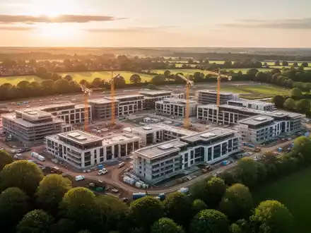 Luftaufnahme eines riesigen, modernen Resortkomplexes im Bau in einer grünen Landschaft von Bedfordshire bei Sonnenuntergang. - Foto: über boerse-global.de