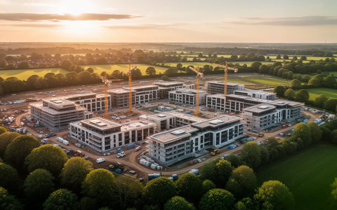 Luftaufnahme eines riesigen, modernen Resortkomplexes im Bau in einer grünen Landschaft von Bedfordshire bei Sonnenuntergang. - Foto: über boerse-global.de