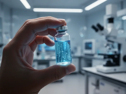 Nahaufnahme einer Hand, die ein leuchtend blaues Reagenzglas hält, vor einem unscharfen Hintergrund eines Labors. - Foto: über boerse-global.de