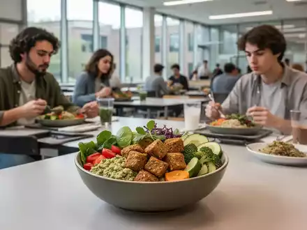 Eine moderne Mensa mit Studierenden, die pflanzliche Mahlzeiten wie eine Buddha Bowl mit innovativen Protein-Chunks essen. - Foto: über boerse-global.de
