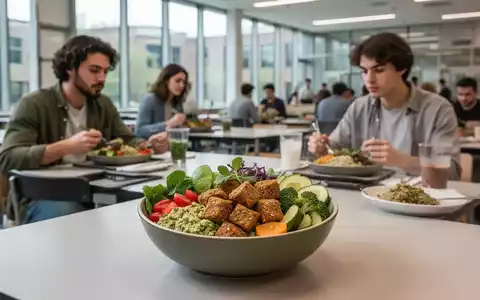 Eine moderne Mensa mit Studierenden, die pflanzliche Mahlzeiten wie eine Buddha Bowl mit innovativen Protein-Chunks essen. - Foto: über boerse-global.de