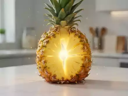 Eine stilvolle, teilweise geschnittene Ananas auf einer modernen Küchenarbeitsplatte mit weichem Licht. - Foto: über boerse-global.de