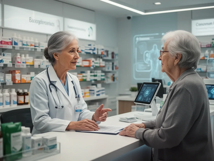 Eine Apothekerin berät einen älteren Patienten in einer modernen Apotheke, Symbol für erweiterte Primärversorgungsleistungen. - Foto: über boerse-global.de