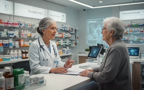 Eine Apothekerin berät einen älteren Patienten in einer modernen Apotheke, Symbol für erweiterte Primärversorgungsleistungen. - Foto: über boerse-global.de
