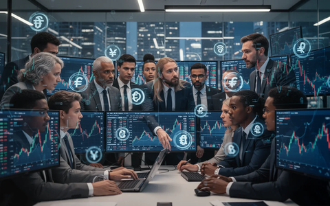 Financial professionals in a modern office analyzing digital payment stock data on multiple screens, representing institutional investment. - Foto: über boerse-global.de