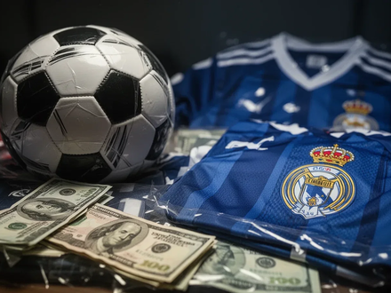 Gefälschte Sportartikel, wie ein Fußball und ein Trikot, liegen auf einem Tisch. Sie symbolisieren den Schaden durch WM-Betrug. - Foto: über boerse-global.de