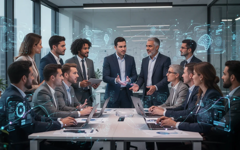 Eine Gruppe von Fachleuten in einem modernen Büro nimmt an einem technologieorientierten Training teil, mit digitalen Elementen im Hintergrund. - Foto: über boerse-global.de