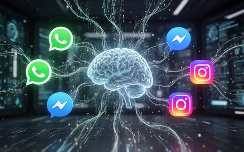 Digital illustration showing glowing lines connecting WhatsApp, Messenger, and Instagram icons to a central AI brain, symbolizing automated customer interactions. - Foto: über boerse-global.de