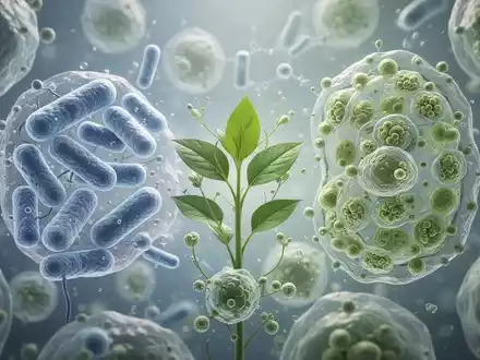 Mikroskopische Darstellung von Darmbakterien und Pflanzenzellen, die die Wechselwirkung von Pflanzenstoffen mit dem Mikrobiom symbolisieren. - Foto: über boerse-global.de