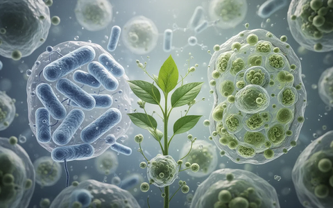 Mikroskopische Darstellung von Darmbakterien und Pflanzenzellen, die die Wechselwirkung von Pflanzenstoffen mit dem Mikrobiom symbolisieren. - Foto: über boerse-global.de