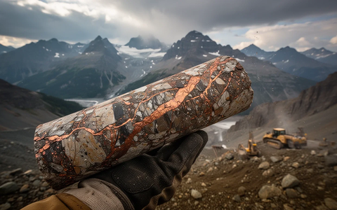 Nahaufnahme eines geologischen Bohrkerns mit Kupferadern, gehalten vor einer verschwommenen Berglandschaft von British Columbia. - Foto: über boerse-global.de