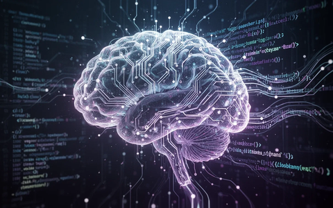A glowing, abstract digital brain or circuit board with lines of code flowing into it, symbolizing AI code automation. - Foto: über boerse-global.de