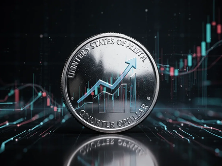 Ein glänzendes Vierteldollar-Stück, das einen aufsteigenden Pfeilgraph widerspiegelt, auf einem dunklen Finanzhintergrund mit abstrakten Datenlinien. - Foto: über boerse-global.de