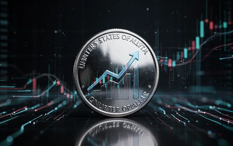 Ein glänzendes Vierteldollar-Stück, das einen aufsteigenden Pfeilgraph widerspiegelt, auf einem dunklen Finanzhintergrund mit abstrakten Datenlinien. - Foto: über boerse-global.de