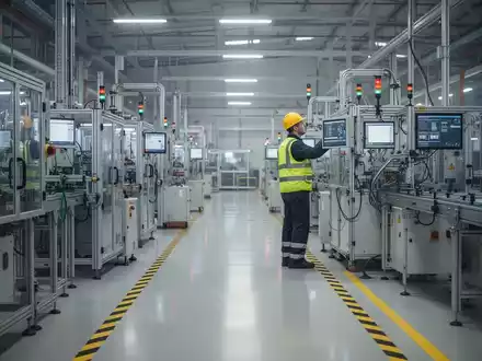 Eine moderne Fabrikhalle mit Sicherheitsmarkierungen und einer Person in Schutzkleidung, die Maschinen inspiziert. - Foto: über boerse-global.de
