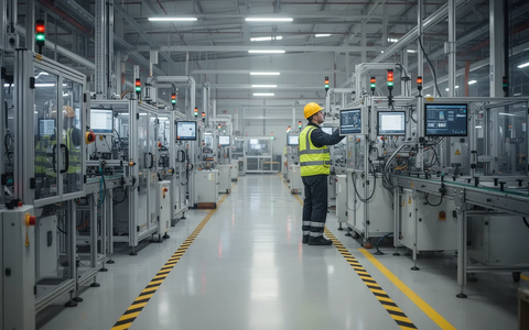 Eine moderne Fabrikhalle mit Sicherheitsmarkierungen und einer Person in Schutzkleidung, die Maschinen inspiziert. - Foto: über boerse-global.de