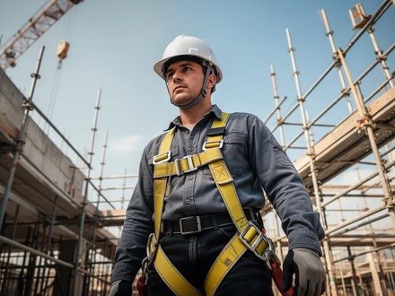 Ein Bauarbeiter mit Helm und Absturzsicherung auf einem Gerüst, der die Bedeutung von Arbeitssicherheit symbolisiert. - Foto: über boerse-global.de
