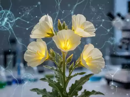Nahaufnahme von Nachtkerzenblüten mit einem angedeuteten wissenschaftlichen oder neuronalen Hintergrund, der Forschung und Medizin symbolisiert. - Foto: über boerse-global.de