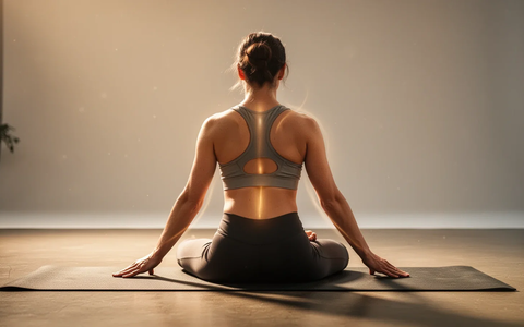 Eine Person praktiziert eine sanfte Yoga-Pose auf einer Matte, umgeben von ruhigem, warmem Licht. Fokus auf Rücken und Entspannung. - Foto: über boerse-global.de