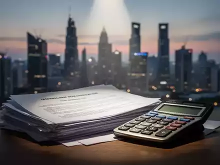 Ein verschwommener Stadtblick bei Dämmerung mit beleuchteten Rechtsdokumenten und einem Taschenrechner im Vordergrund. - Foto: über boerse-global.de