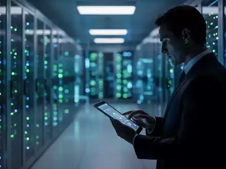 Ein unscharfer Serverraum mit leuchtenden Lichtern und einer Silhouette eines Geschäftsmanns, der ein Tablet betrachtet. - Foto: über boerse-global.de