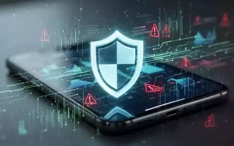 Ein stilisiertes, leuchtendes Schildsymbol auf einer digitalen Oberfläche mit Datenströmen und Warnzeichen, im Hintergrund ein Smartphone. - Foto: über boerse-global.de