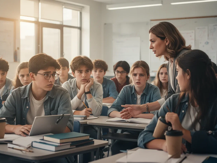 Jugendliche Schüler in einem modernen Klassenzimmer, einige zeigen Anzeichen von Stress oder Angst, während ein Lehrer mitfühlend mit einem Schüler spricht. - Foto: über boerse-global.de
