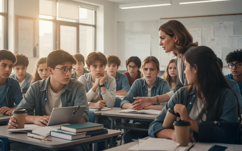 Jugendliche Schüler in einem modernen Klassenzimmer, einige zeigen Anzeichen von Stress oder Angst, während ein Lehrer mitfühlend mit einem Schüler spricht. - Foto: über boerse-global.de