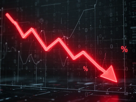 Ein roter, abwärts gerichteter Liniengraph auf dunklem, digitalem Hintergrund, der einen starken Rückgang im Finanzwert darstellt. - Foto: über boerse-global.de