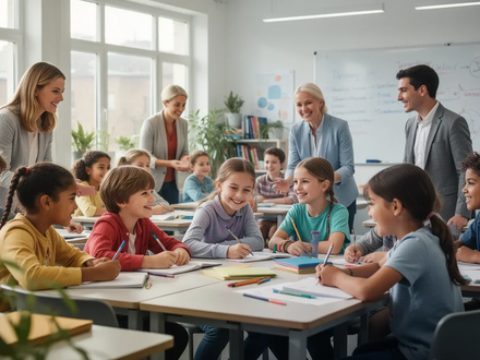 Kinder und Jugendliche lernen gemeinsam in einer modernen, lichtdurchfluteten Klasse, Lehrer unterstützen sie. Die Atmosphäre ist ruhig und unterstützend. - Foto: über boerse-global.de