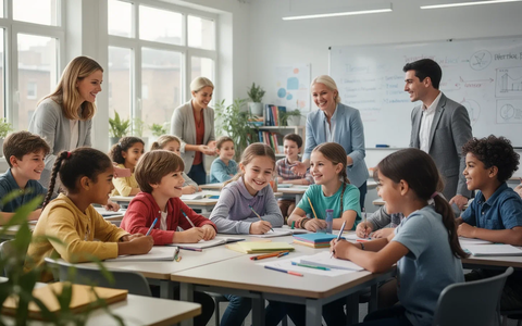 Kinder und Jugendliche lernen gemeinsam in einer modernen, lichtdurchfluteten Klasse, Lehrer unterstützen sie. Die Atmosphäre ist ruhig und unterstützend. - Foto: über boerse-global.de