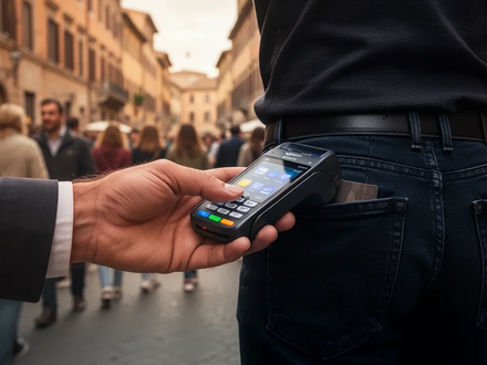 Eine Hand hält diskret ein mobiles Kartenlesegerät nahe der Gesäßtasche einer Person in einer belebten italienischen Stadt. Unscharfer Hintergrund. - Foto: über boerse-global.de