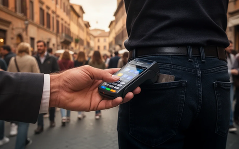 Eine Hand hält diskret ein mobiles Kartenlesegerät nahe der Gesäßtasche einer Person in einer belebten italienischen Stadt. Unscharfer Hintergrund. - Foto: über boerse-global.de