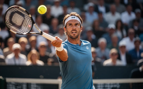 Ein Tennisspieler in Aktion auf einem sonnigen Platz, der Konzentration und Entschlossenheit ausstrahlt. - Foto: über boerse-global.de