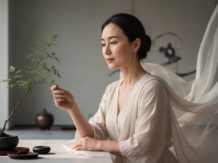 Eine ruhige Frau in einem modernen Raum, die Ausgeglichenheit und Frauengesundheit symbolisiert, mit Elementen der TCM angedeutet. - Foto: über boerse-global.de
