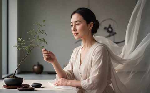 Eine ruhige Frau in einem modernen Raum, die Ausgeglichenheit und Frauengesundheit symbolisiert, mit Elementen der TCM angedeutet. - Foto: über boerse-global.de