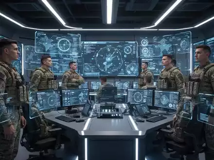 Ein futuristisches Militär-Kommandozentrum mit holografischen Displays und konzentrierten Soldaten in Uniformen. - Foto: über boerse-global.de