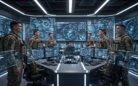 Ein futuristisches Militär-Kommandozentrum mit holografischen Displays und konzentrierten Soldaten in Uniformen. - Foto: über boerse-global.de