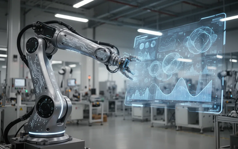 Ein Roboterarm mit futuristischem Design interagiert mit einer holografischen Anzeige in einer modernen Fabrikhalle. - Foto: über boerse-global.de