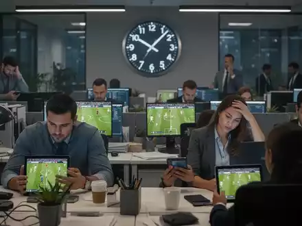 Büroangestellte, die während der Arbeitszeit heimlich Fußballspiele auf Mobilgeräten verfolgen, einige wirken müde oder abgelenkt. - Foto: über boerse-global.de