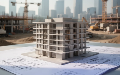 Ein minimalistisches Architekturmodell eines Wohngebäudes auf einem Bauplan, das die Vereinfachung des Bauens symbolisiert. - Foto: über boerse-global.de