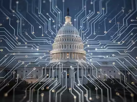 A stylized circuit board design with glowing lines converging towards an abstract, subtle representation of the US Capitol Building. - Foto: über boerse-global.de