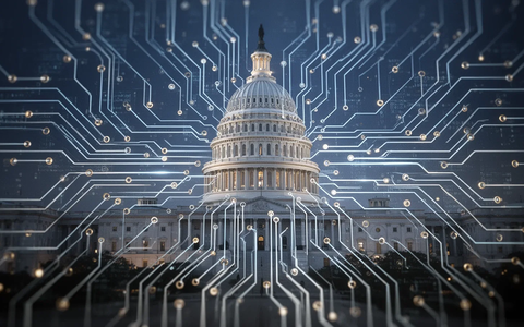 A stylized circuit board design with glowing lines converging towards an abstract, subtle representation of the US Capitol Building. - Foto: über boerse-global.de